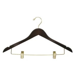 Percha para mujer Plana con Gancho Abierto y Clips, Nogal con Gancho y Clips de Latón