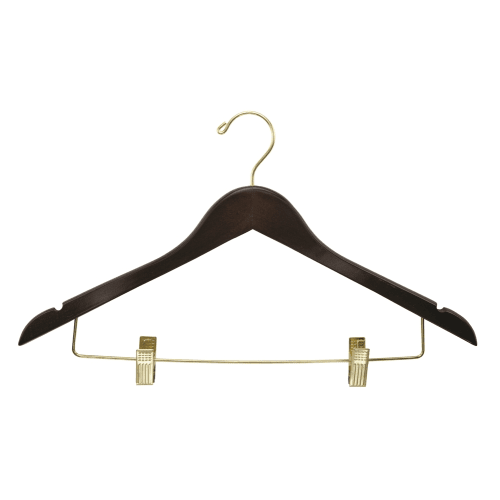 Percha para mujer Plana con Gancho Abierto y Clips, Nogal con Gancho y Clips de Latón