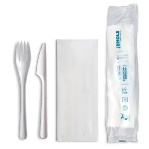 Juego de Cubiertos Biodegradables Jungle Natural White CPLA con Tenedor, Cuchillo y Servilleta
