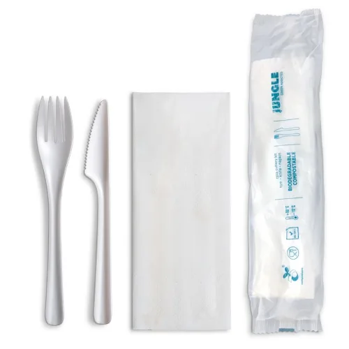 Juego de Cubiertos Biodegradables Jungle Natural White CPLA con Tenedor, Cuchillo y Servilleta