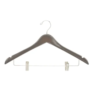 Percha para Mujer, Gancho Abierto Contorneado con Clips, Nogal con Gancho y Clips de Níquel