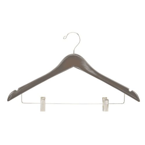 Percha para Mujer, Gancho Abierto Contorneado con Clips, Nogal con Gancho y Clips de Níquel