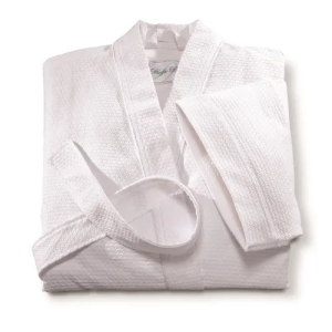 Bata de Kimono con Tejido de Waffle en Patrón de Diamante, 52”L, Blanca con Ribete Blanco