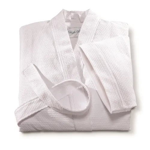 Bata de Kimono con Tejido de Waffle en Patrón de Diamante, 52”L, Blanca con Ribete Blanco