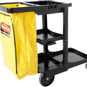 Carrito de Limpieza Rubbermaid Commercial de 3 Niveles con Bolsa de Vinilo Amarilla con Cierre – Negro