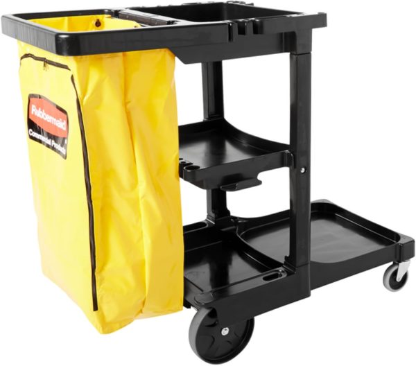 Carrito de Limpieza Rubbermaid Commercial de 3 Niveles con Bolsa de Vinilo Amarilla con Cierre – Negro